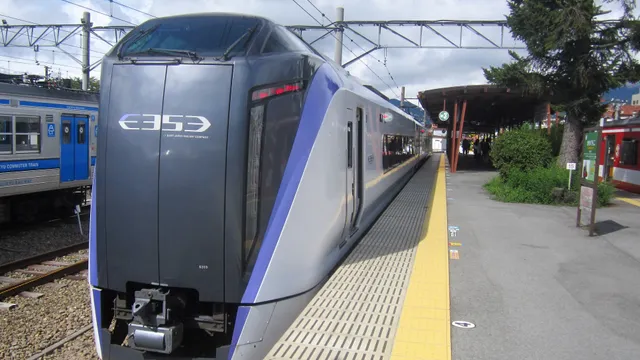 JR East limited express train arriving at a station near Mount Fuji