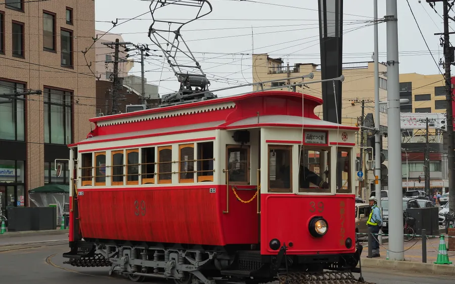 A vintage Hakodate City Tram streetcar
