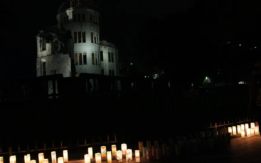 Toro nagashi lantern floating by the Atomic Bomb Dome, Hiroshima