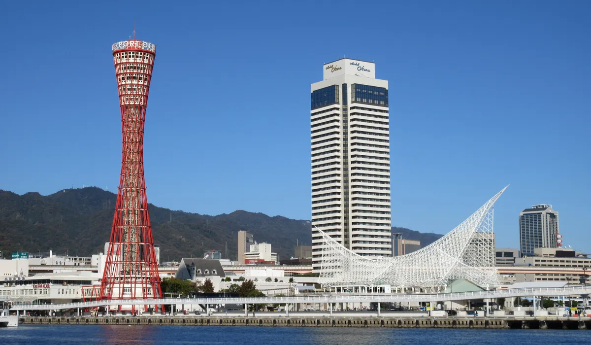 Kobe Port Tower viewed from across the harbor at Meriken Park