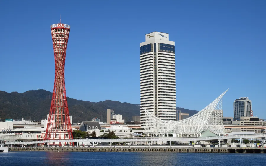 Kobe Port Tower viewed from across the harbor at Meriken Park