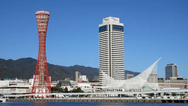 Kobe Port Tower viewed from across the harbor at Meriken Park