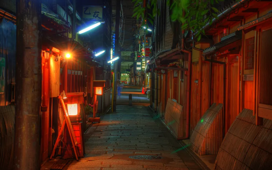 A quiet lantern-lit alley in Gion, Kyoto, at night