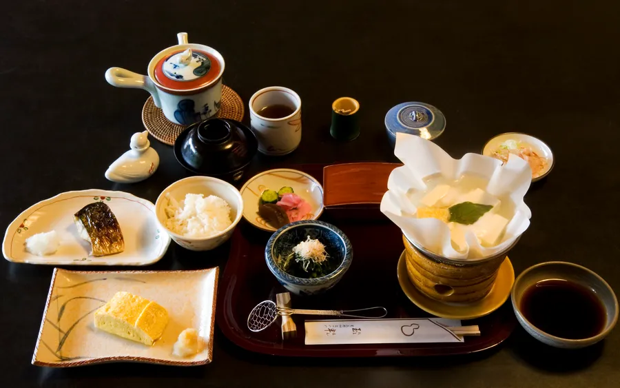 Yudofu hot pot served with rice and side dishes