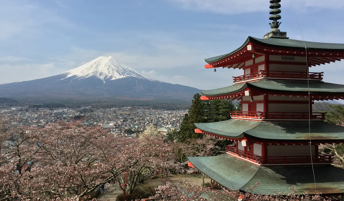Chureito Pagoda framed by Mount Fuji and cherry blossoms