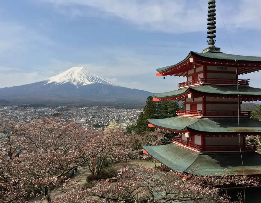 Mount Fuji framed by Chureito Pagoda and cherry blossoms