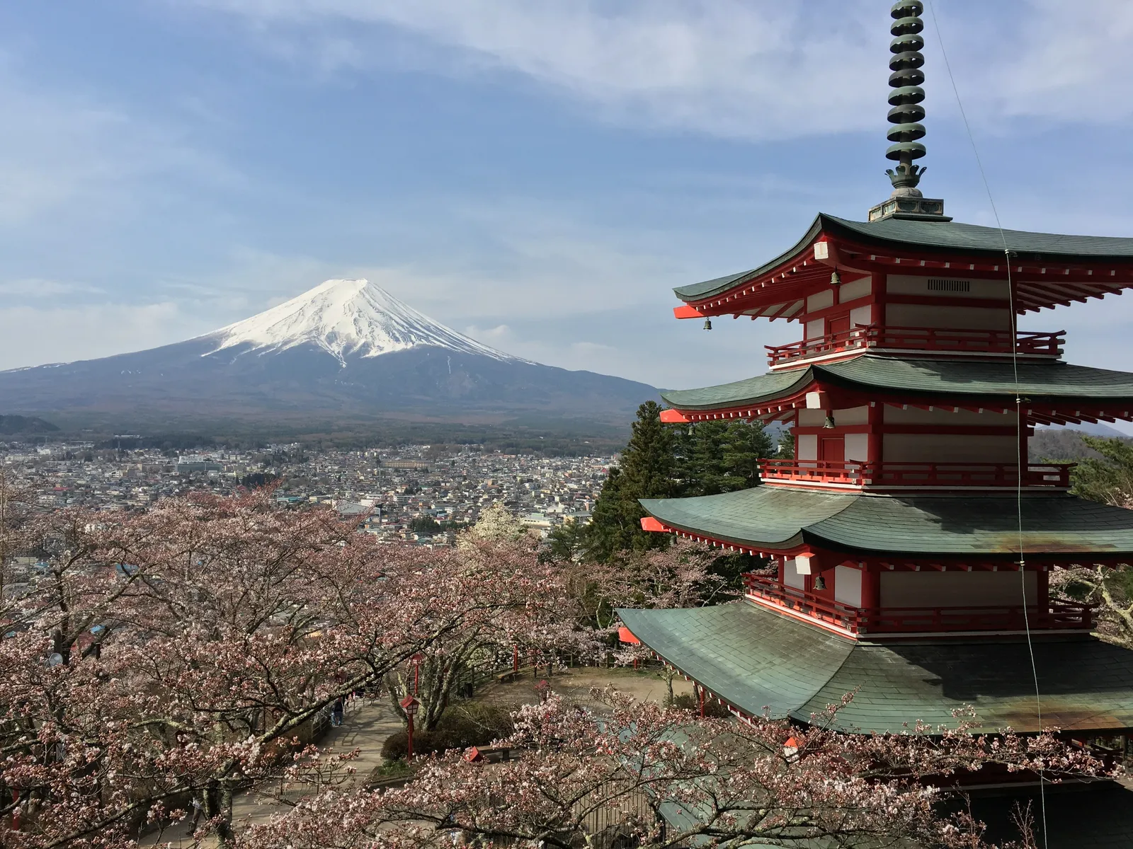 Cherry blossoms framing Chureito Pagoda with Mount Fuji in the background